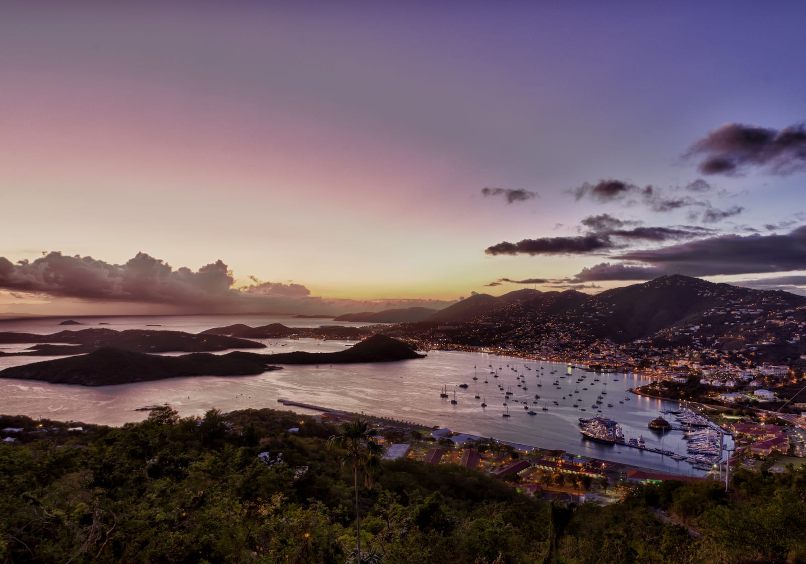 Caribbean harbor at dusk